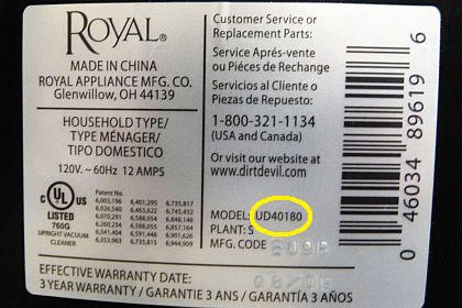 Dirt Devil Model Plate